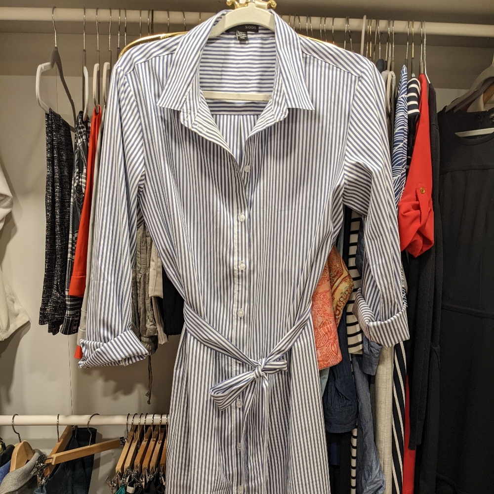 Blue and white striped shirt dress